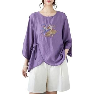 2024 Zomer Etnische Stijl Retro Chinese Tops Prachtige Borduren Hanfu Blouse Plus Size 3/4 Mouwen Flowy Shirt(Color:Purple,Size:L)
