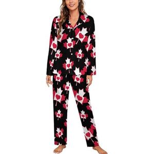 Canada Maple Leaf Vlag En Hart Lange Mouw Pyjama Sets Voor Vrouwen Klassieke Nachtkleding Nachtkleding Zachte Pjs Lounge Sets