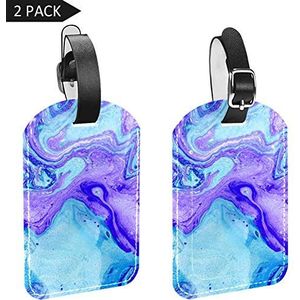 PU Lederen Bagage Tags Naam ID Labels voor Reistas Bagage Koffer met Terug Privacy Cover 2 Pack, Blauw en Violet Gemengde Verven Marmer