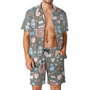 Cat Lovers Hawaiiaanse bijpassende set 2-delige outfits button-down shirts en shorts voor strandvakantie