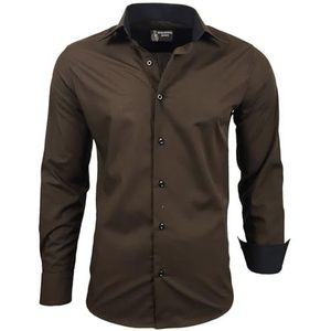 Subliminal Mode: Gemakkelijk te strijken herenoverhemd, met tweekleurige kraag, effen, lange mouwen, smalle pasvorm, zakelijk, cadeau-idee, Kerstmis, valentijnsdag, RN44, Bruin, 6XL