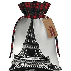 Zwarte Parijs Eiffeltoren Chic Trekkoord Kerst Gift Tassen, Patchwork Jute Trekkoord Tassen, Herbruikbaar.