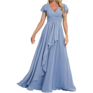 Prinses Bruidsmeisjes Jurken Flutter Mouw Galajurken Chiffon Formele Avondfeest Maxi Jurk met Split ZM189, Dusty Blauw, 32