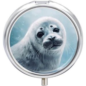 Harp Seal Schilderen Pillendoos 3 Compartiment Reizen Pil Organizer 3 keer per dag Leuke Mini Pil Case voor Portemonnee & Pocket Draagbare Metalen Medicijndoos met Spiegel Ronde Dagelijkse Medicijnen