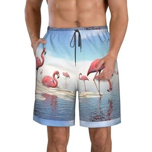 PHTZEZFC Flock of Pink Flamingo's On The Beach Print heren strandshorts - zomervakantie strandshorts casual lichtgewicht trekkoord, Wit, L