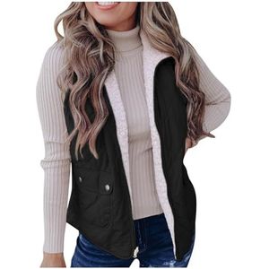 Wintervest Gewatteerd Dames Donsvest, Casual Vest Met Opstaande Kraag, Mouwloos Winterwarm Jack Mouwloos Vest(Black,XXL)
