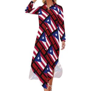Pride of Puerto Rico Flag Maxi-jurk voor dames, lange mouwen, knoopjurk, casual feestjurk, lange jurk, 5XL