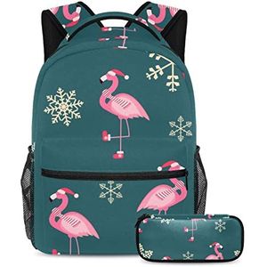 VAPOKF Schooltassenset voor tienermeisjes jongens studenten boekentas rugzak rugzak rugzak met etui voor school - kerstmuts sokken flamingo's en sneeuwvlokken, Meerkleurig, Eén maat, Schooltassensets