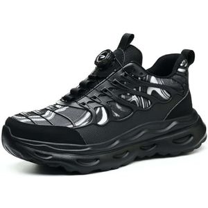 SDEQA Veiligheidsschoenen voor heren Werkveiligheidsschoenen Lichtgewicht Ademend Antislip Slip Verbeterde draaibare gespschoenveters Stalen neus Sneakers met luchtkussen,zwart,38 EU