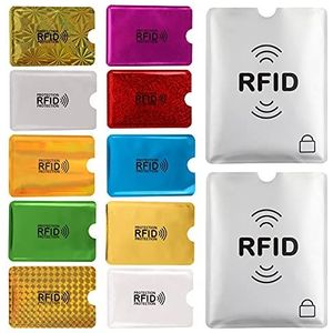 Aigee 12 RFID-blokkeerhulzen (10 soorten kleuren creditcardhouders en 2 paspoortbeschermers), Ideny Diefstalbescherming Veilige mouwen voor creditcards, Debetkaarten, gratis 2p