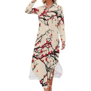 Japanse stijl kersenbloesem dames maxi-jurk lange mouwen knopen overhemd jurk casual feest lange jurken L
