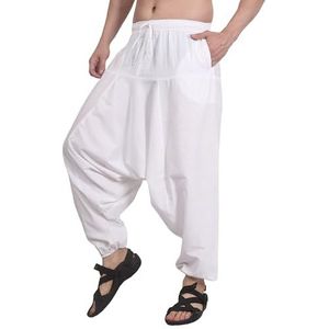 Whitewhale Heren Vrouwen Katoen Effen Aladdin Losse Baggy Boho Hippie Harembroek, Wit, One size