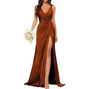 Dames V-hals bruidsmeisje jurk mouwloze split satijn geplooide formele jurk, Verbrand Oranje, 32