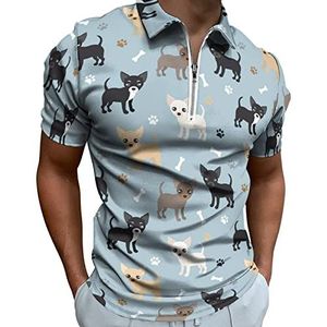 Grappige Chihuahua Honden Heren Poloshirt met Rits T-shirts Casual Korte Mouw Golf Top Classic Fit Tennis Tee