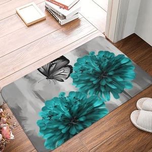 YNCATXZ Grijze groenblauwe bloem vlinder deurmat 40 x 60 cm antislip indoor outdoor mat welkomstmat wasbaar deurmat voor ingang deurmat absorberende flanellen badmatten