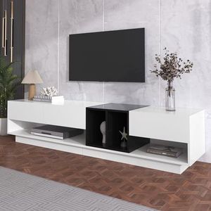 Aunvla Tv-kast, lowboard, combinatie in hoogglans wit en zwart. Kleurblokkerend ontwerp, laden, vakken, meerdere opbergruimtes.