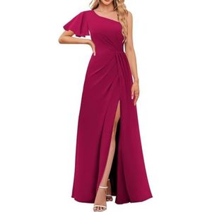Chiffon formele galajurken met split voor dames, bruidsmeisjesjurken voor bruiloft, cocktailjurk, grote maten, Fuchsia, 32