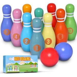 Pink Papaya Kegelspel voor Kinderen, 12-Delig Houten Kegelspel voor Jongens en Meisjes, Binnen- en Buitenspeelgoed, Leerzaam Kinderspelletje