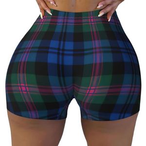 DKGOHLP Blauw en Groen Schotse Tartan Print Stijlvolle Workout Gym Shorts Vrouwen Comfortabele Tailleband Yoga Running Dagelijks Dragen, Zwart, XXL