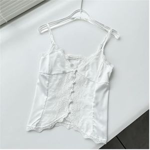 2023 Zomertop for dames van wit kant en satijn, zoet slank hemdje met knopen(Kleur:White,Size:S)
