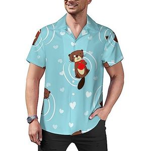 Grappige bever met hart heren casual button-down shirts korte mouw Cubaanse kraag T-shirts tops Hawaiiaans T-shirt M