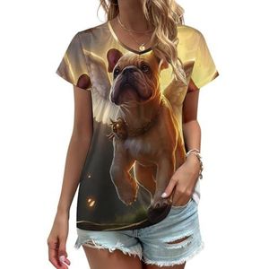 Bulldog Hond Engel Vrouwen V-hals T-shirts Leuke Grafische Korte Mouw Casual Tee Tops S