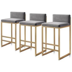 JAVYPPT Keukenbarkrukken, barkrukken set van 3, fluwelen tegenkrukken, barstoelen met rugleuning en voetsteun, industriële gestoffeerde barkrukken voor thuis, keukeneiland, bistro (grijs 1,75 cm)