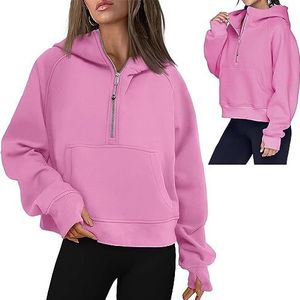 Damessweatshirts Halve ritssluiting Cropped Pullover Fleece Kwartrits Hoodies Herfstoutfits Trui met duimgat (Color : Pink, Size : XL)