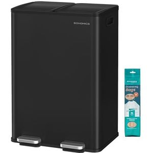 SONGMICS Keukenprullenbak, 2 x 30 liter, 2 compartimenten, afvalbak, pedaalemmer, keukenprullenbak met soft-close deksel en binnenemmer, staal, inclusief 15 vuilniszakken, inktzwart LTB741B02