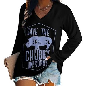 Save The Chubby Unicorns Casual T-shirts met lange mouwen voor dames, V-hals, bedrukte grafische blouses Tee Tops XL