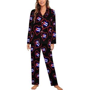 I Love Cuba Rood Hart Pyjama Sets Met Lange Mouwen Voor Vrouwen Klassieke Nachtkleding Nachtkleding Zachte Pjs Lounge Sets