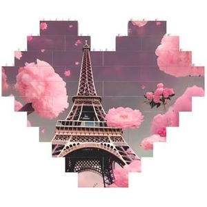 Paris Street Eiffeltoren roze bloemen legpuzzel - hartvormige bouwstenen puzzel-leuk en stressverlichtend puzzelspel