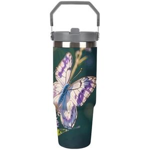 30 oz roestvrij staal geïsoleerde beker met klapdeksel en rietje, lekvrije reismok voor auto, witpaarse vlinders, dubbelwandige vacuüm thermische koffiekop met handvat, morsbestendig ontwerp voor
