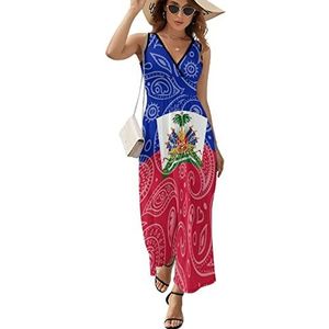 Paisley En Haïti Vlag Casual Maxi Jurk Voor Vrouwen V-hals Zomer Jurk Mouwloze Strandjurk S