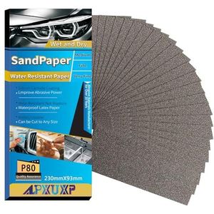 ALPXUXP Schuurpapier Set,20 stuks 93 x 230mm Korrel P80 Droog/nat voor Handschuren,voor Het Polijsten van Automobiel Metaal Kunststof Hout