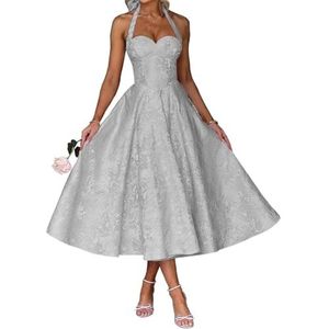 AHERKLL Spaghetti Bandjes Bruidsmeisjes Jurken Jacquard Satijn Halter Formele Avond Feest Maxi Jurk HAH046, Zilver, 32