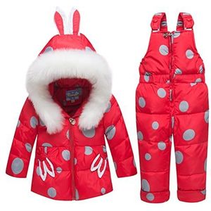 2 stuks sneeuwpak voor kinderen, donsjack met capuchon, mantel + sneeuwbroek, skiset voor meisjes van 3 tot 4 jaar, rood