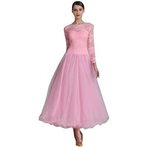 Yhsgscr Kleding voor ballroomvoorstellingen met lange mouwen Social National Standard Dansjurk Dameskanten Tango Grote A lijn rok Ronde hals Walsdansoutfit,Roze,L