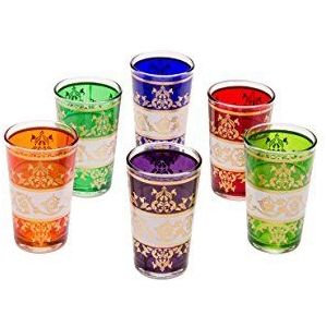 Oosterse versierde theeglazen set 6 kleurrijke glazen | Marokkaanse theeglazen 6 kleuren deco Oriental | 6 x Oosterse Marokkaanse theeglas versierd | verschillende patronen