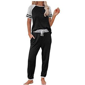 HaicoM Rekbaar sportief pak voor vrouwen, dames korte mouwen casual jogging licht T-shirt en broek, dames stijlvolle losse elastische taille twee stuks zomer dames outdoor mode sets, Zwart, XL