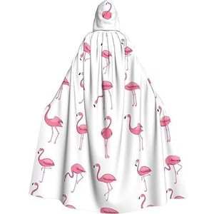 WURTON Flamingo's op witte volledige lengte carnaval cape met capuchon, unisex cosplay kostuums mantel voor volwassenen 190cm