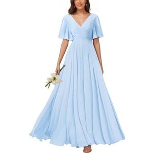 KURFACE Bruidsmeisjesjurken met V-hals en mouwen voor dames, geplooid, chiffon, bruidsmeisje, vloerlengte, formele feestjurk, Lichtblauw, 34