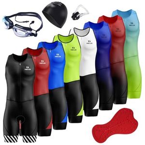 Triathlon Tri Pak, Heren Elite Mouwloos Trisuit, Heren Fietsen Skinsuit Gewatteerde One Piece Trisuit Bike Top Kort, Compressie Running Zwemmen, Blauw Groen, XXL