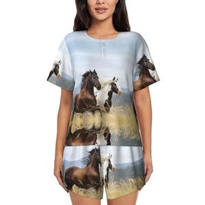 JIAWUJYNB Paarden Running Art Print Vrouwen Korte Mouwen Pyjama Set Pyjama Lounge Set Met Zakken, Zwart, M