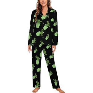 Leuke Cactus in Groene Pot Vrouwen Lange Mouw Button Down Nachtkleding Zachte Nachtkleding Lounge Pyjama Set XL