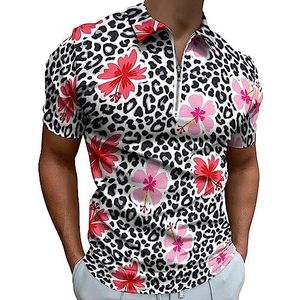 Hibiscus bloemen met luipaardprint - Poloshirt voor heren, casual T-shirts met ritssluiting en kraag, golftops, slim fit