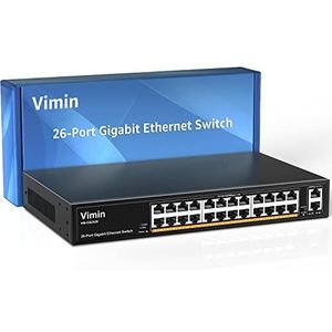 VIMIN 26-poorts Gigabit Ethernet Switch met 2 uplinkpoorten met 1000 Mbit/s, 24-poorts onbeheerde netwerkswitch ondersteunt IEEE802.3af/at, VLAN, metalen behuizing, desktop, 19 inch rackmontage