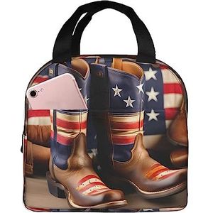 SUHNGE Amerikaanse vlag met cowboylaarzen, print, kantoorwerk, licht geïsoleerde lunchbox voor dames en heren, duurzame draagtas