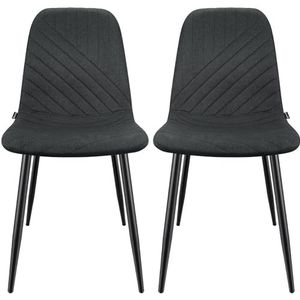WAFTING Eetkamerstoelen, set van 2, stoelen met linnen diagonaal strependesign en metalen frame, geschikt voor eetkamer, woonkamer, keuken, slaapkamer en ontvangstruimtes, zwart