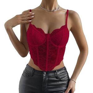 Haibang Damestop van kant, tanktop, zomer, sexy, slim fit, korset met dunne bandjes, mouwloos, crop top, V-hals, verstelbare tanktop, elegante onderjas, nauwsluitend, bustier, clubwear, Bourgondië, XS